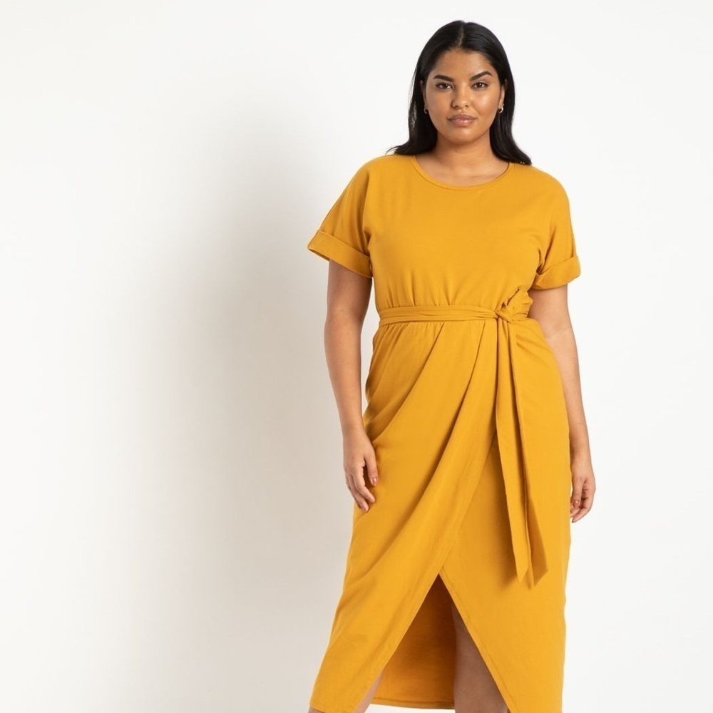 NWT Eloquii  Yellow Wrap MIDI Dress, short dolman sleeve